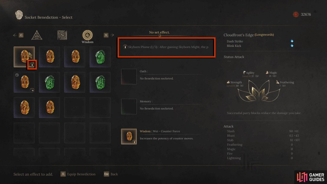The Set Bonus will appear in the top center of the screen. Benedictions with the small icons in the corner have a set bonus attached to them.