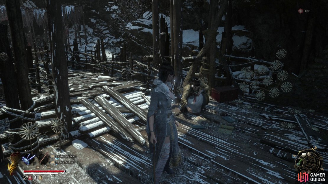 You can find He Youzai at the other side of the bridge, opposite the Bride&rsquo;s Boudoir shrine. Make sure you have over the notes and scraps to him.