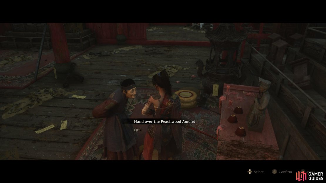You first meet Qiao Ying after speaking to Lin in Reverent Temple. Hand over the item he gave you to this lady here. Image via Gamer Guides / 505 Games.