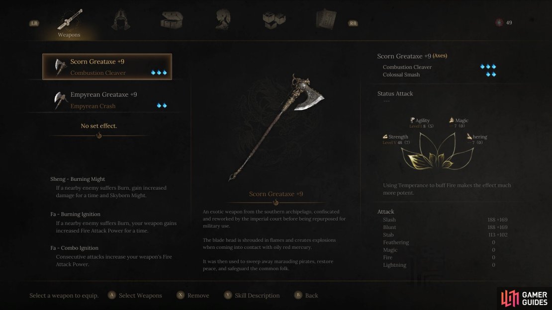 Here are the two Weapons you want to use for the Axe Build in Wuchang Fallen Feathers. Image via Gamer Guides / 505 Games.