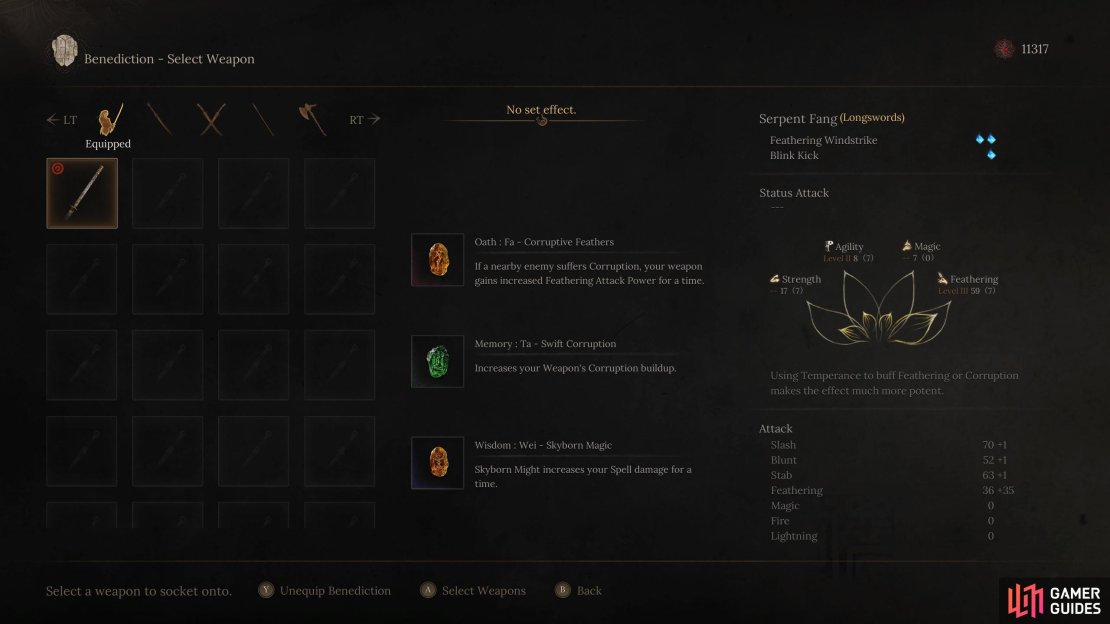 Benedictions in a Feathering build in Wuchang Fallen Feather should aim to buff corruption and Feathering where possible. Image via Gamer Guides / 505 Games.