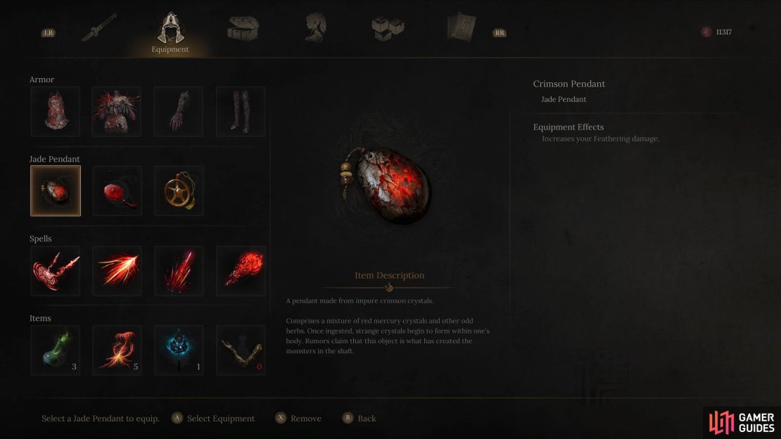 You&rsquo;ll typically want to buff your spell and Feathering stats via the pendants. Image via Gamer Guides / 505 Games.