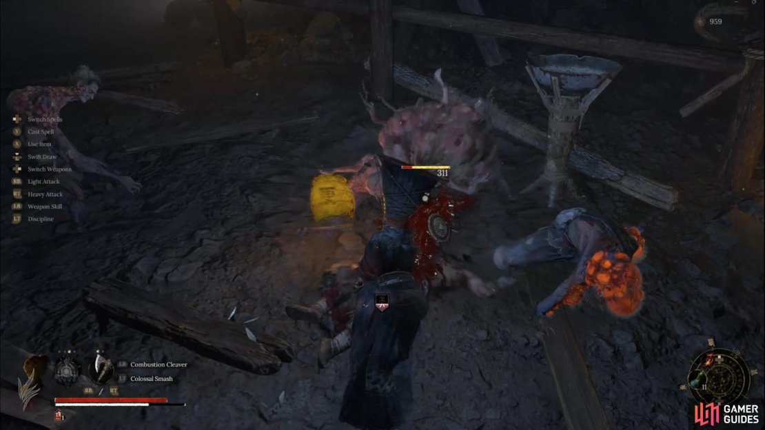 For this Red Mercury XP Farm, you can either farm the Feathered Militia at the front, or go into the cave to farm the Miners and Gong guy too for increased Red Essence item pick ups. Image via Gamer Guides.
