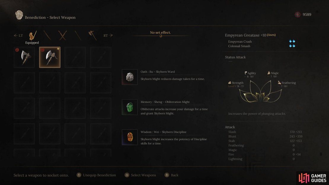 These are the type of Benedictions to run to improve your Physical damage for your Axe build in Wuchang Fallen Feathers. Image via Gamer Guides / 505 Games.