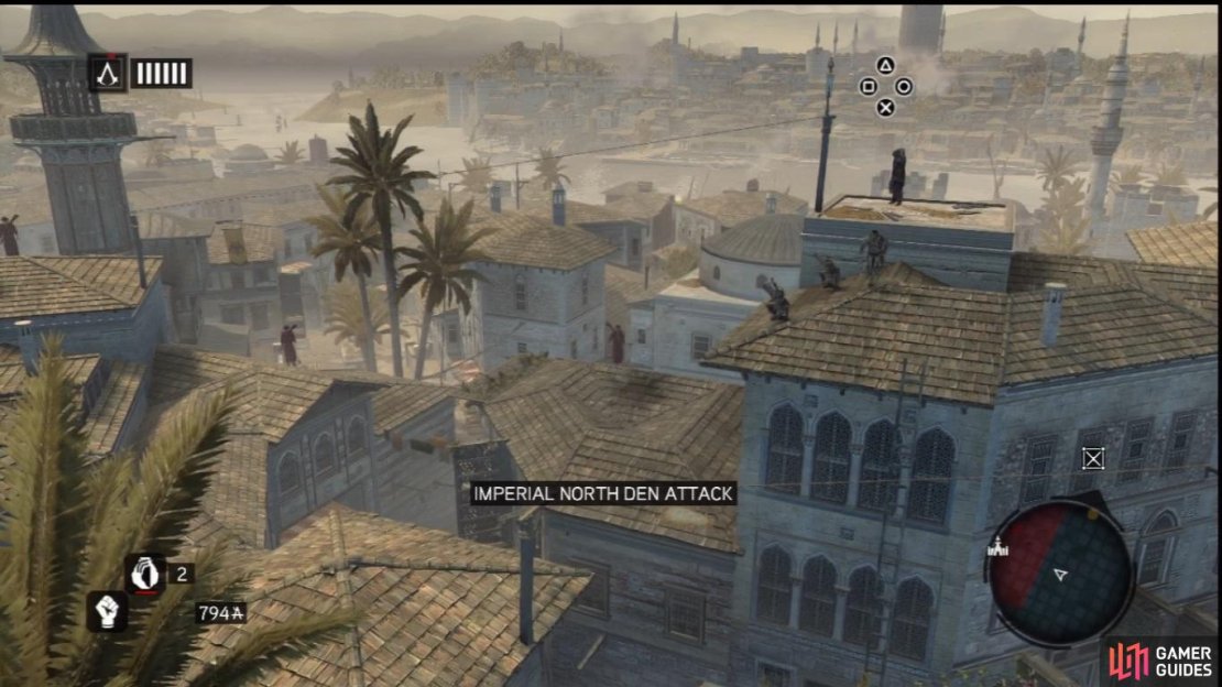 As you can see, the ziplines provide another angle of attack for the Assassins of Constantinople. By controlling your movement via the profile system (as in high and low profile), you can slow yourself down to make it past patrolling rooftop Templars undetected, then press the R1/R button to speed up and leap from the zipline into a graceful Zipline Assassination. Some of the ziplines dotted around areas of Constantinople also have Animus Data Fragments on them, so be sure to keep an eye out and use Eagle Sense to tag them for collection later if you don’t feel like grabbing them right away.