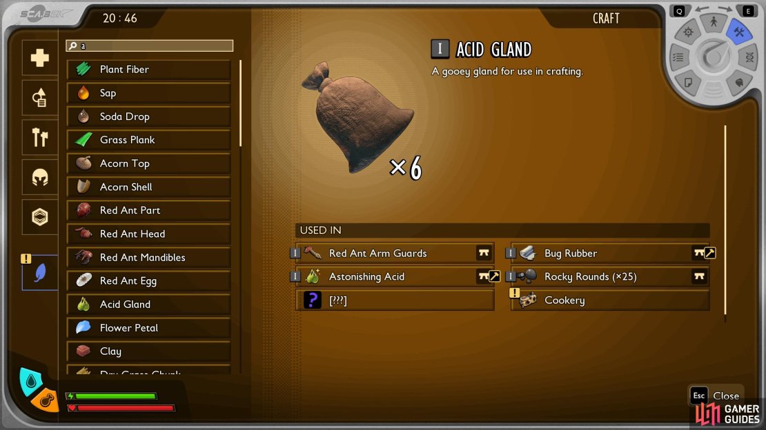 Acid Glands are used in some important crafts such as the Cookery. Defeat Red Soldier Ants or Larva to obtain them.