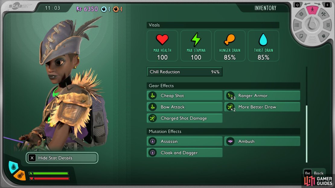Here’s an example of your bonus stats with the Bee and Marksman Cap on. Image via Gamer Guides / Obsidian.