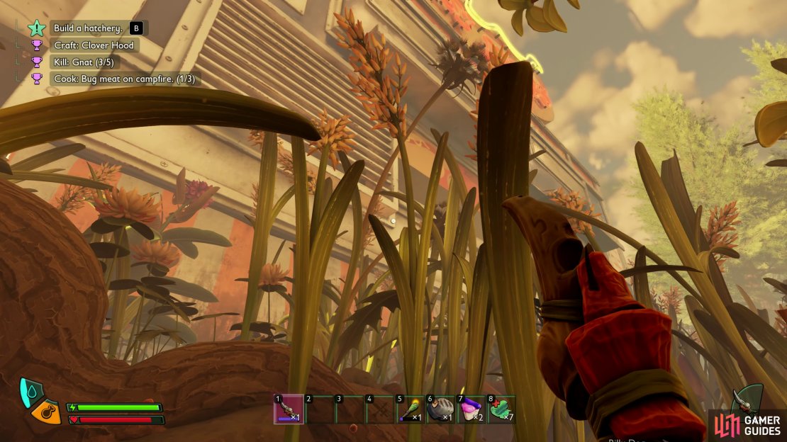 Look for the giant plants with the Dandelion tuft weighing the stem down, causing it to bend over like so. Image via Gamer Guides / Obsidian.