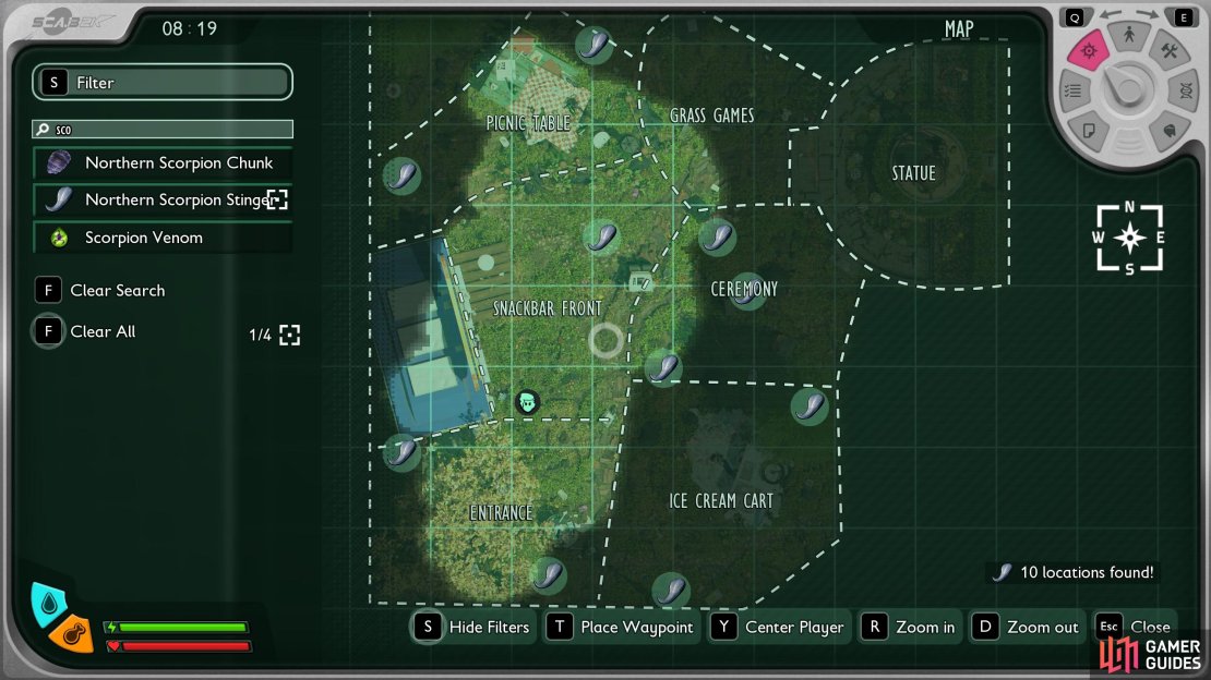After defeating one, use the Resource scanner to locate Northern Scorpion you can farm. Image via Gamer Guides / Obsidian.