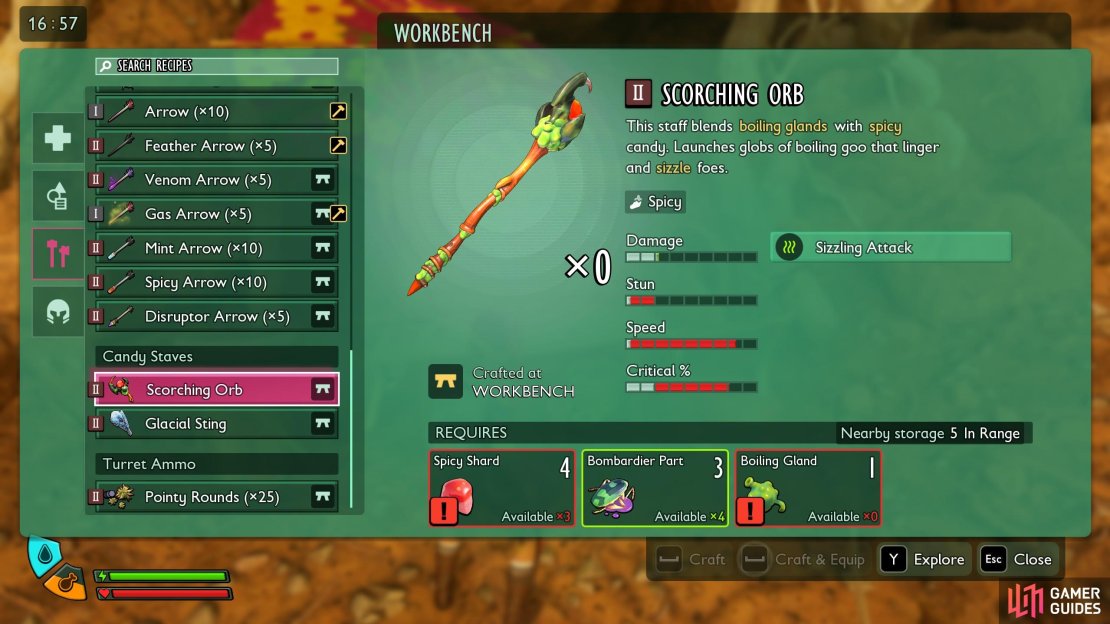 Spicy Shards are often used for Mage gear, and some Spicy Arrows for archers too. Image via Gamer Guides / Obsidian.