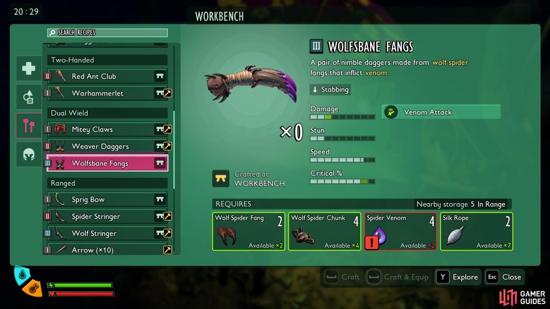 Players will want to farm Wold Spiders so they have enough Venom and Spider parts to craft these really good daggers. Image via Gamer Guides / Obsidian.