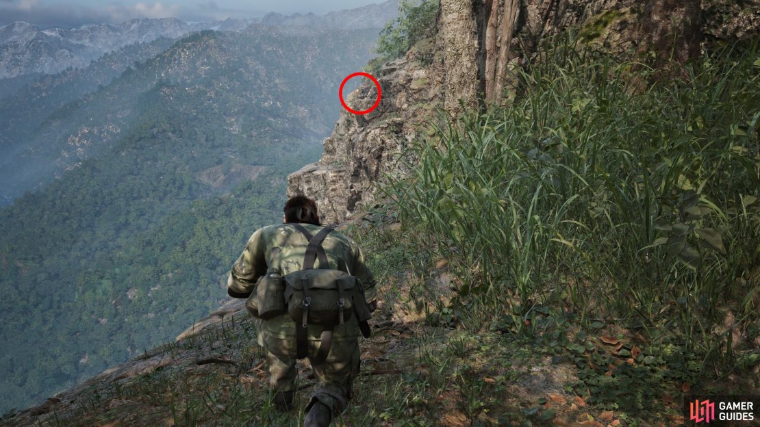 During Operation Snake Eater, backtrack all the way to Dremuchij South and look off the southernmost cliffs to the southwest to spot this well-camouflaged GA-KO on the cliff face.