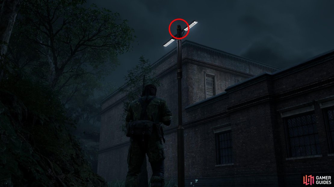 Head to the western edge of the Graniny Gorki Lab Exterior 1F area, crawl under an electric fence and look atop a street light to find this GA-KO.