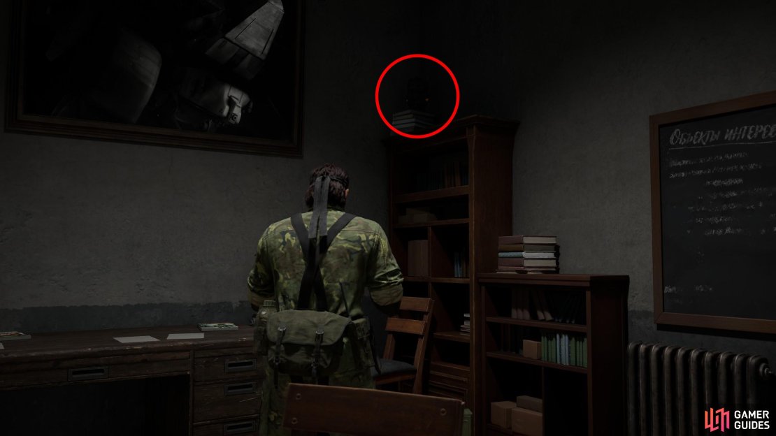Go down the eastern flight of stairs in the Graniny Gorki Lab 1F area to reach the Graniny Gorki Lab B1 (East) area. Head south down a hallway, enter the first door on the right, and search the corner of the room beyond to find this GA-KO on a bookshelf.