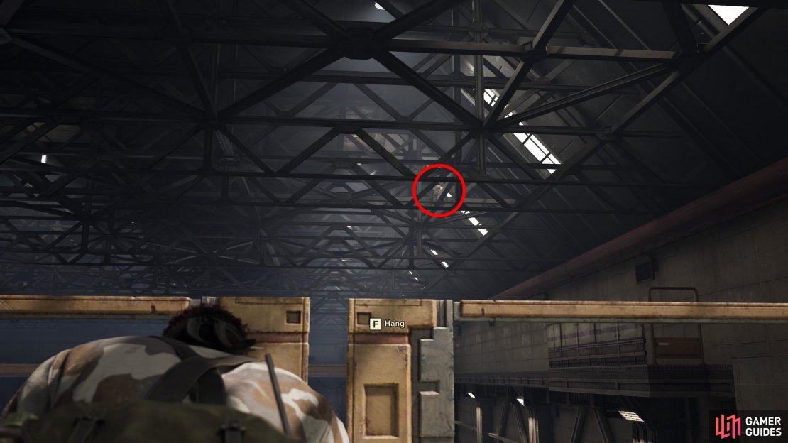 From the entrance, head up some stairs to the right and search the rafters to find this GA-KO.