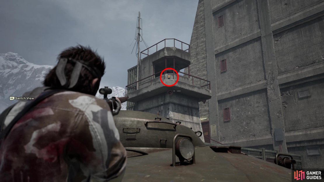 In the first scene of the chase sequence, during Eva&rsquo;s second stop, look up and left to spot this GA-KO on a guard tower.
