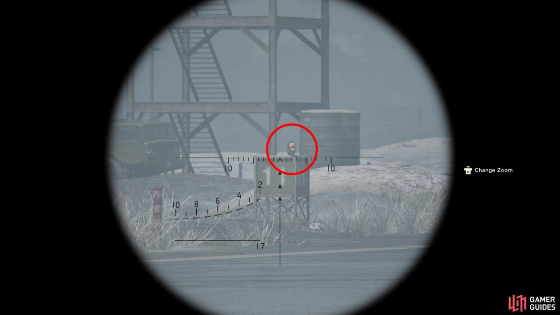 On the Groznyj Grad Runway screen of the Eva chase sequence, aim ahead and to the left to spot this GA-KO on the &ldquo;11&rdquo; sign just off the runway. Use the SVD to take shots at it and reload if you don&rsquo;t hit it.