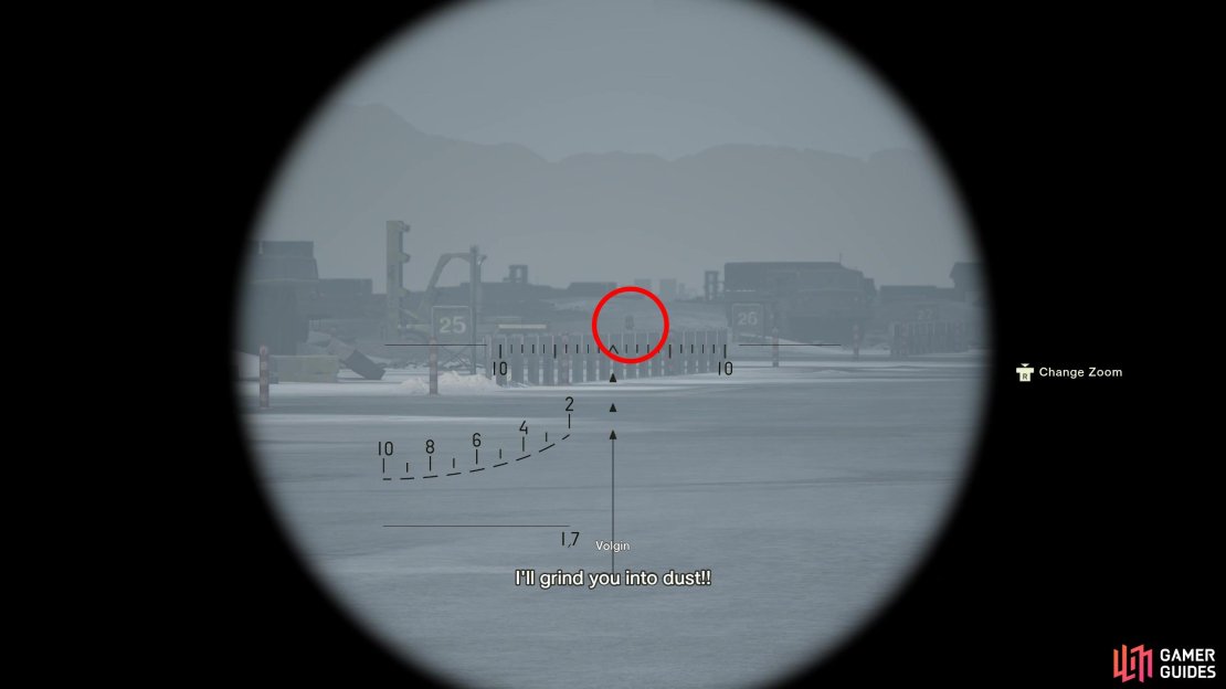 On the second screen of the Groznyj Grad Runway area during the Eva chase sequence, aim ahead and to the right to spot the silhouette of this GA-KO on a guardrail between the &ldquo;25&rdquo; and &ldquo;26&rdquo; markers. Again, use the SVD for your best odds of success.