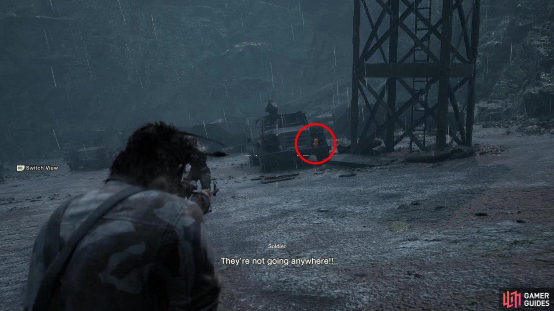 During the chase sequence in Groznyj Grad Rail Bridge North, after you pass through a tunnel, keep aiming at head to spot a watchtower that&rsquo;ll come into view. This GA-KO is on the front fender of a truck parked to the left of the base of the watch tower.