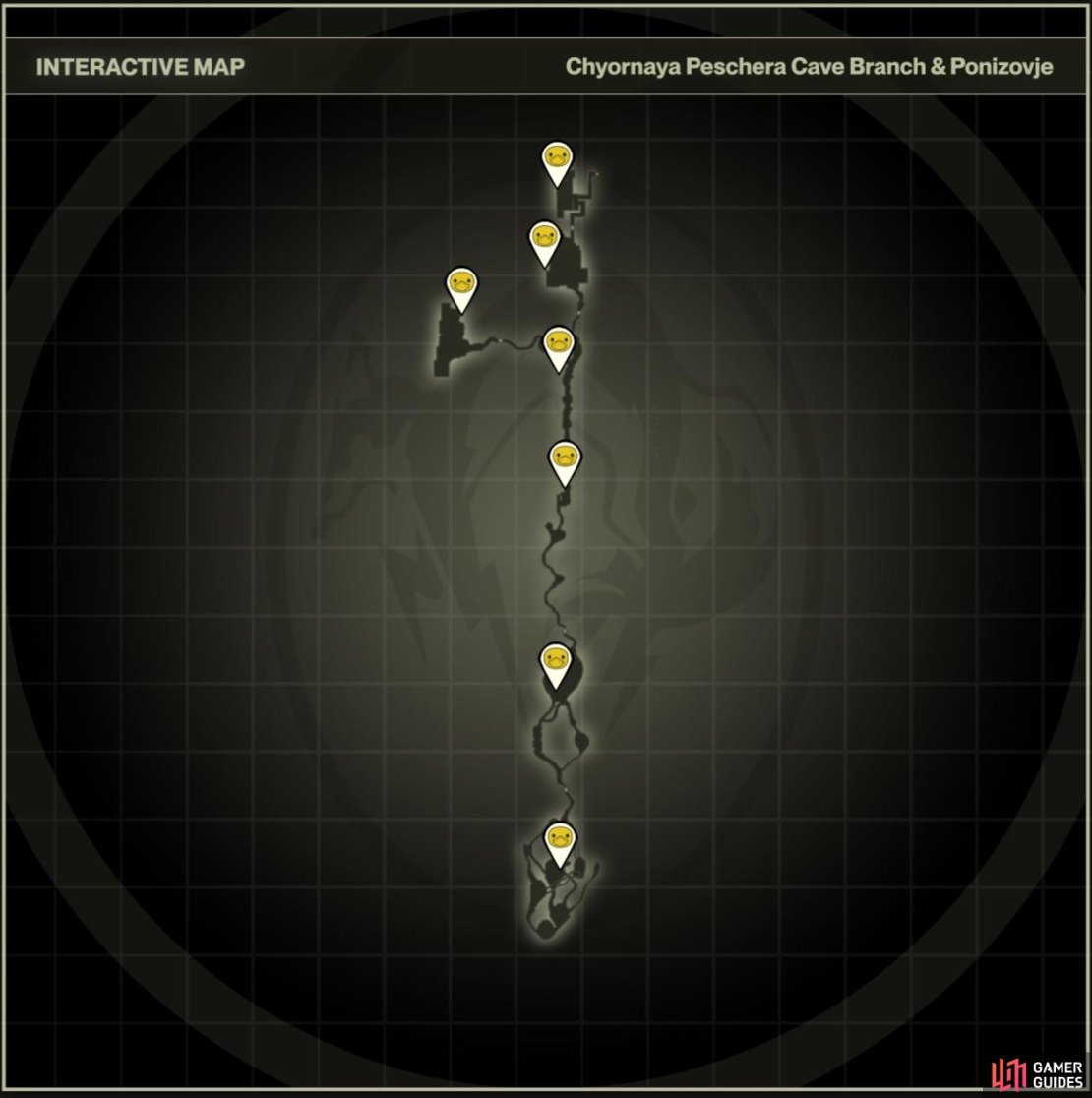 Locations of all the GA-KO in the Chyornaya Peschera Cave Branch and Ponizovje maps.