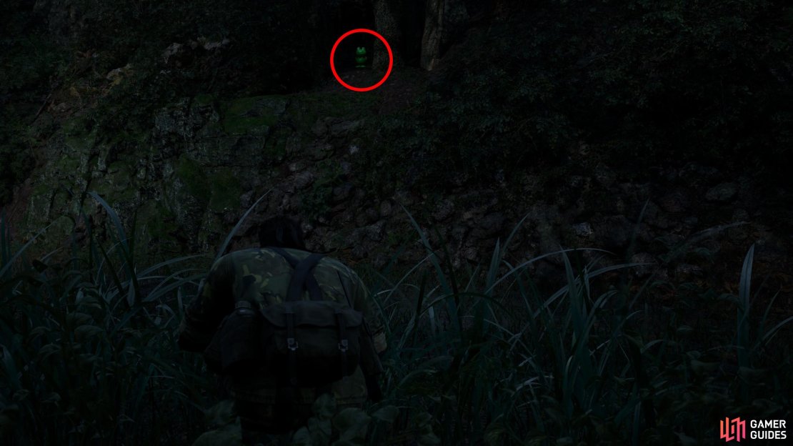 In the first part of the Graniny Gorki Lab Exterior 1F map, head west, then crawl under an electric fence and continue north to get to the western edge of the building. This Kerotan is on a cliff to the west of here.