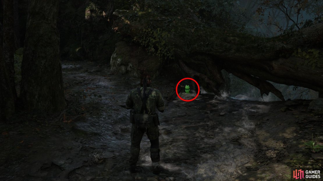After the scene in Tikhogornyj: Behind Waterfall area, backtrack through the waterfall to return to Tikhogornyj and head back to the southern edge of the map to find this Kerotan in the river, near some flotsam.