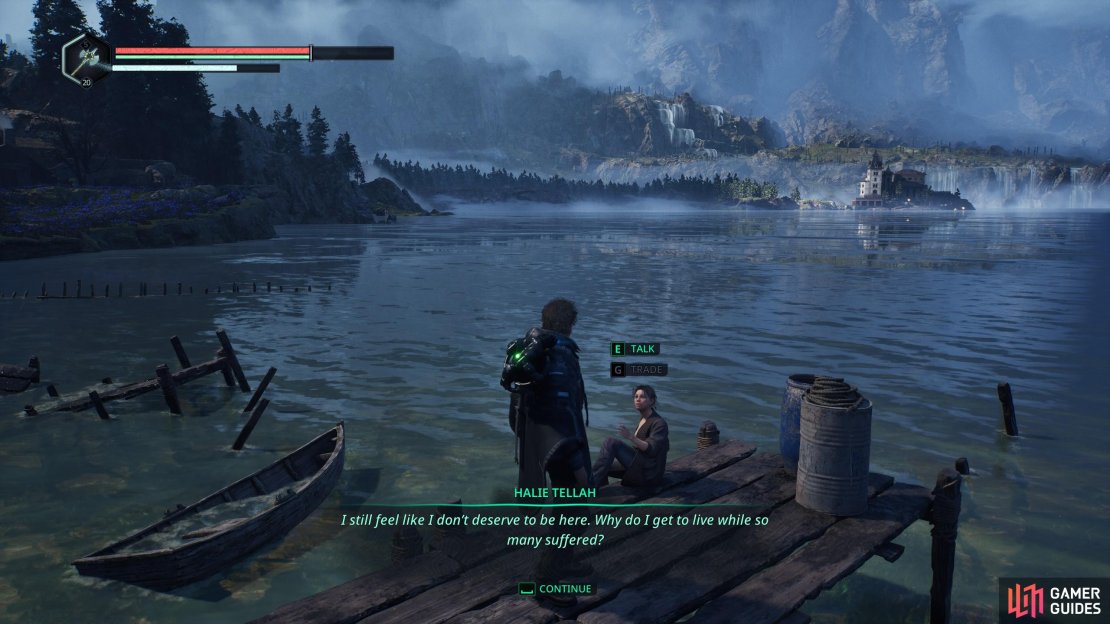 After helping Halie out in Love Thy neighbor, she is found sitting by the fisherman’s pier in Lake Cynon. Image via Gamer Guides/ Nacon.