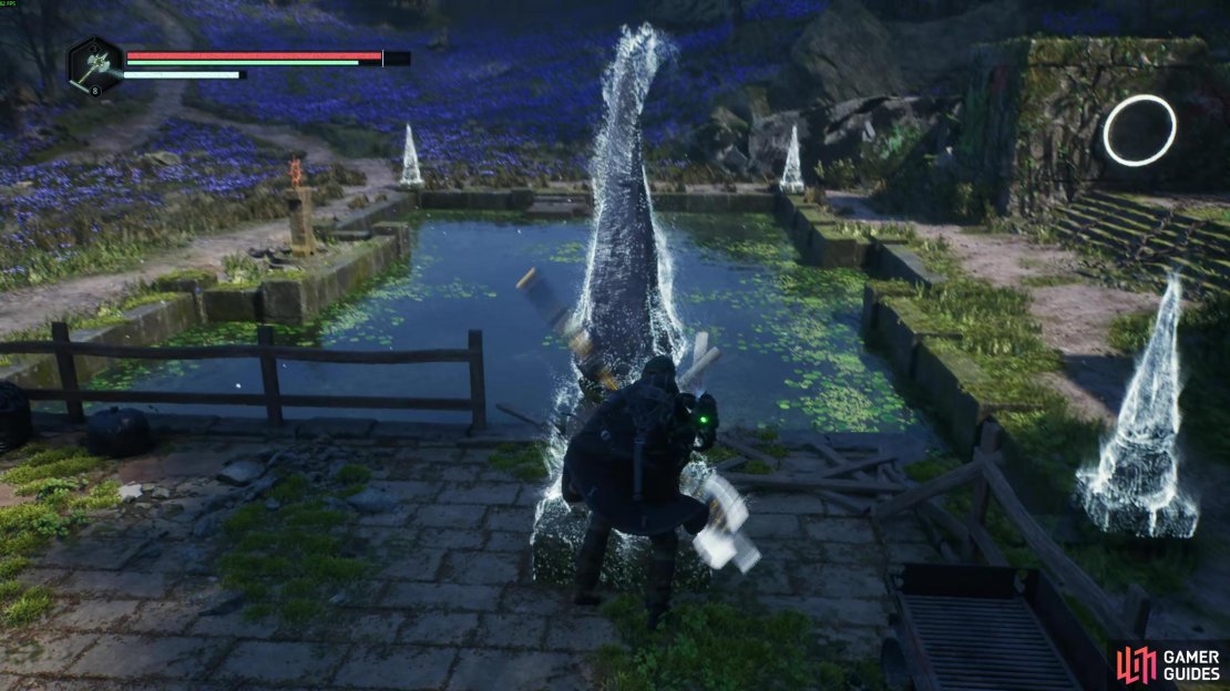 Here&rsquo;s how to solve the blue flower puzzle at the reservoir in Lake Cynon in Hell Is Us. Image via Gamer Guides / Nacon.