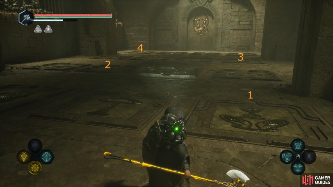 Stand on the pressure plate puzzle in this order to unlock the final door. Image via Gamer Guides / Nacon.