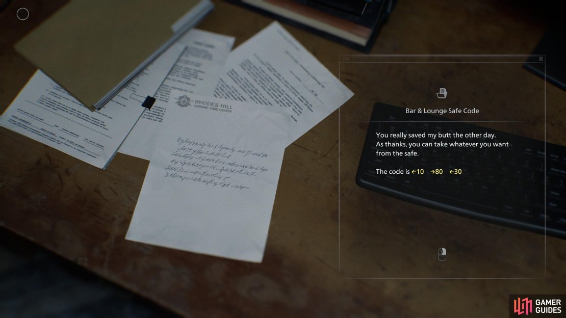 You need to find the Files to learn the safe codes organically, and to also collect files for the bonuses and trophy hunting. Image via Gamer Guides / Capcom.