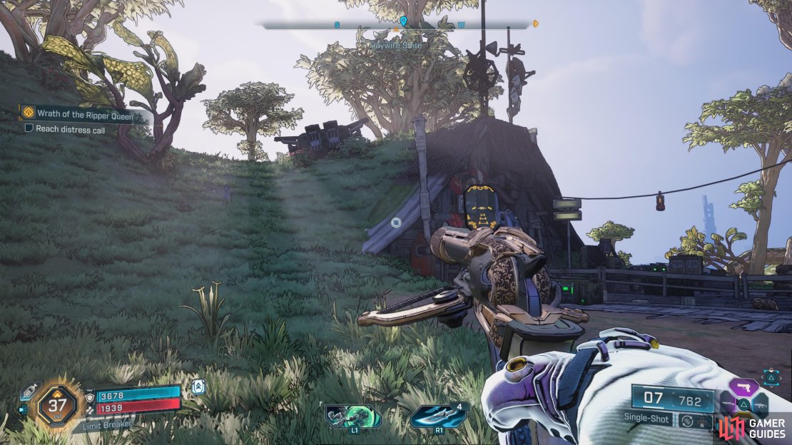 The first Cache is located on the hill above Haywire Shire.