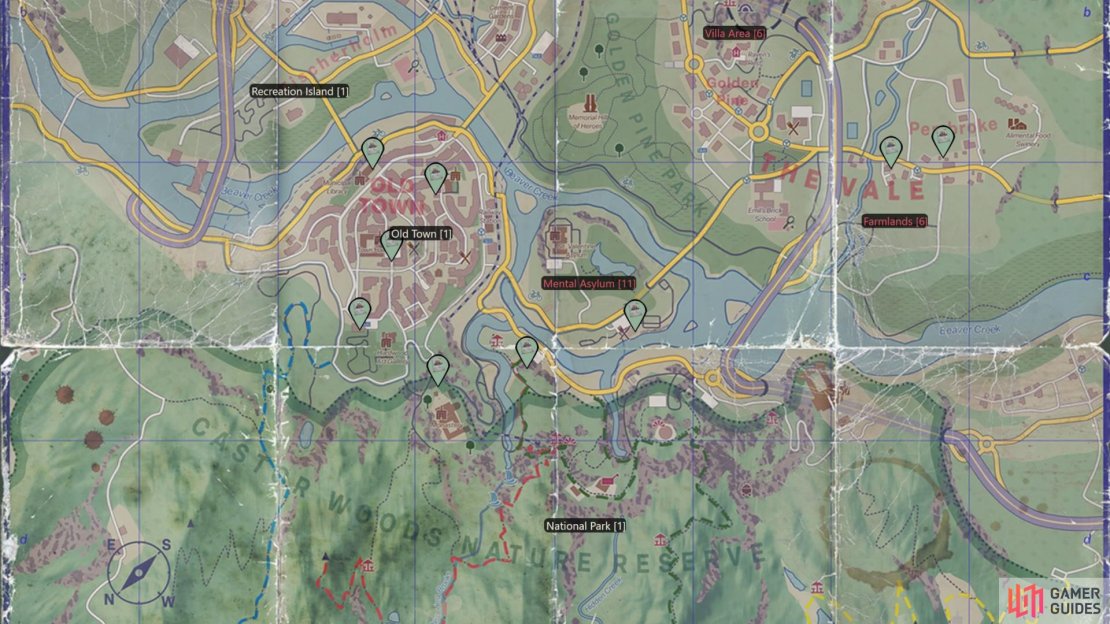 The green markers indicate where the collectible recipe locations are in Dying Light: The Beast. Image via Gamer Guides.