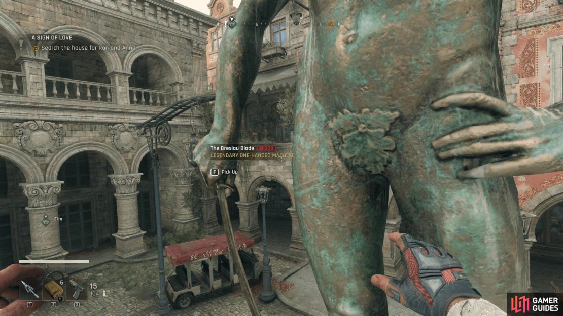 You need to shoot the 9 different sigils dotted around the main room of the Town Hall to unlock this weapon. Image via Gamer Guides / Techland.