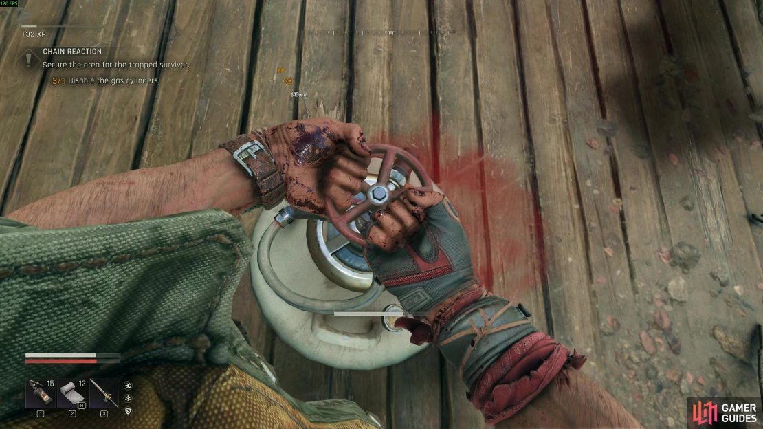 You need to make your way to the log cabin area of the national Fores and turn off the red gas cylinders to save Lucy. Image via Gamer Guides / Techland.