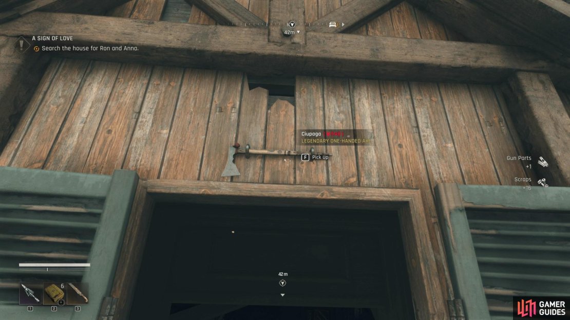 Look above the window for this otherwise hard to see weapon blending into the wood work. Image via Gamer Guides / Techland.