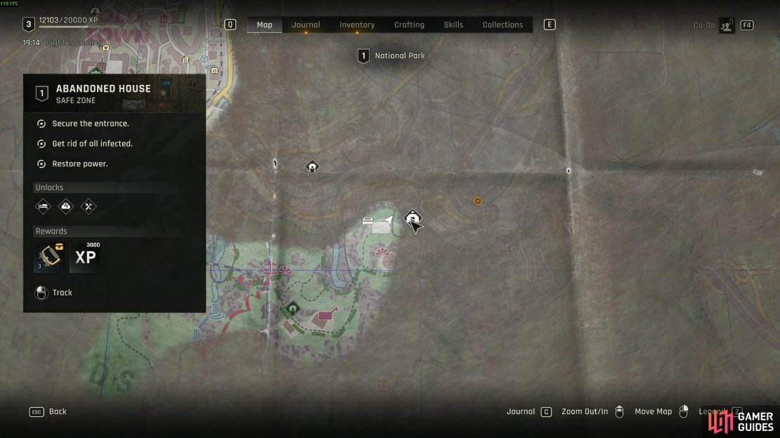 You can fin Safe Zones and activate them as you explore the map to avoid nIghttime encounters. Image via Gamer Guides / Techland.