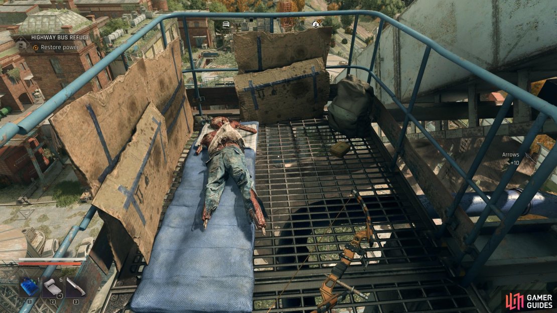 You can find a bow respawn point up here, alongside ten arrows next to it, and another few further down the pipe. Image via Gamer Guides / Techland.