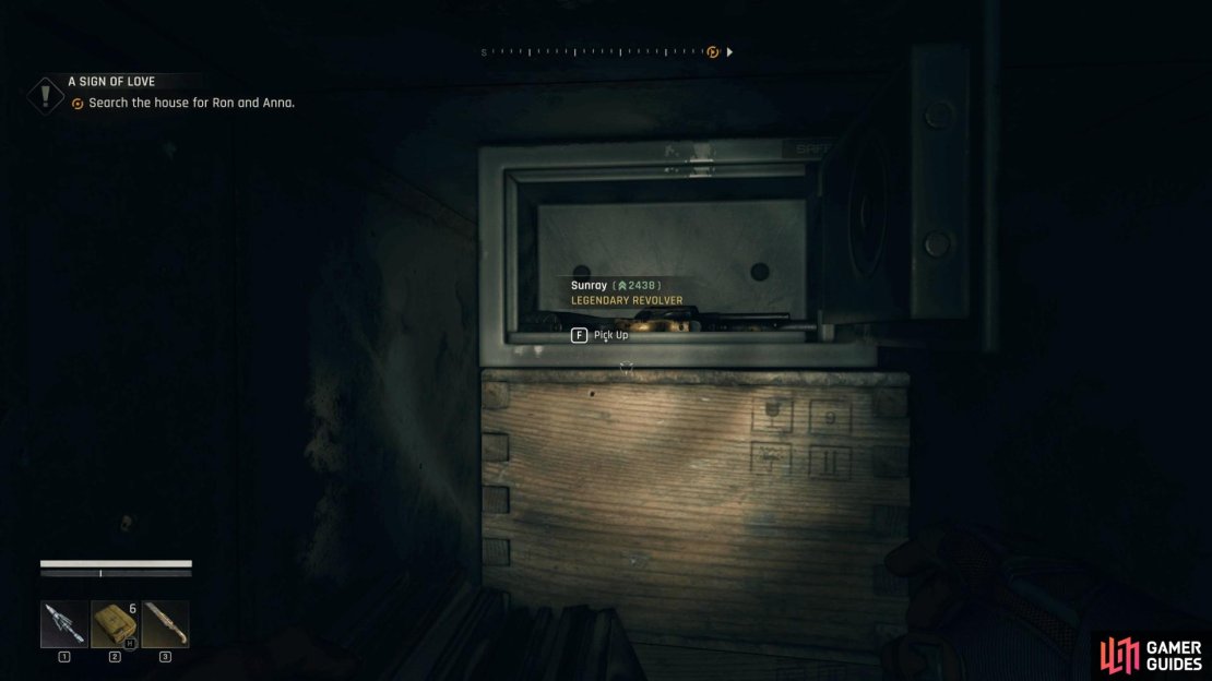 You can find the legendary revolver in the safe at the northernmost mansion in the Villa region. You might as well use this to get the trophy related to the revolver too! Image via Gamer Guides / Techland.
