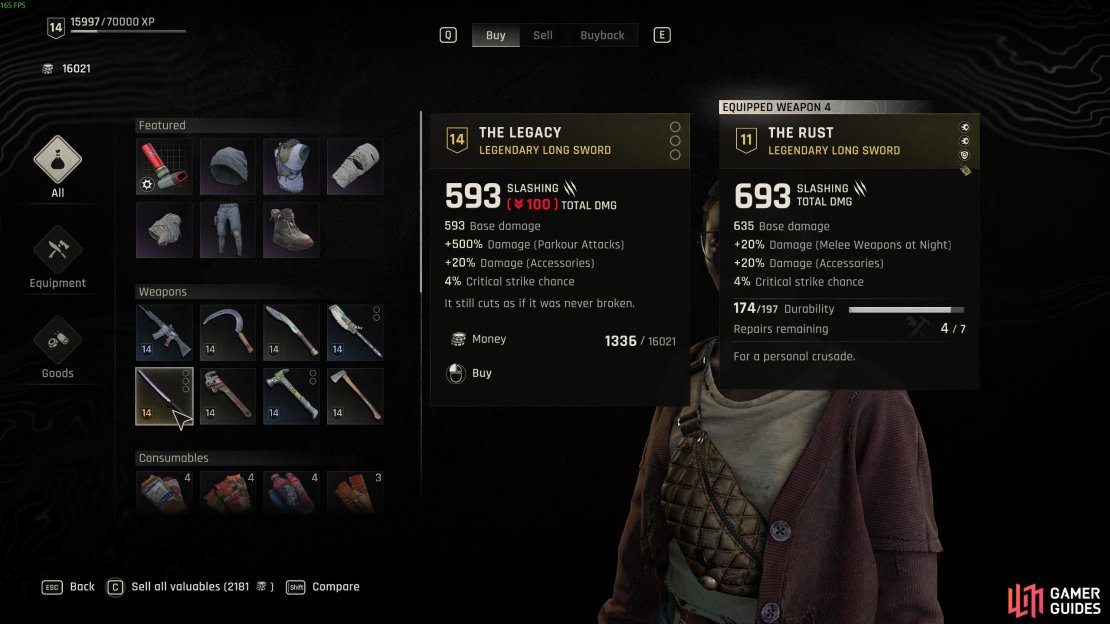 A somewhat random chance to get a legendary katana from the trader in the Exile&rsquo;s Cave. Image via Gamer Guides / Techland.