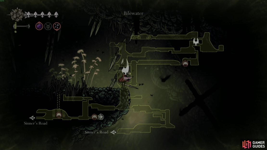 Here’s a rough idea of the directions you need to go to get to the final stint and bench before the Seekers Soul boss room coming up. Image via Gamer Guides / Team Cherry.