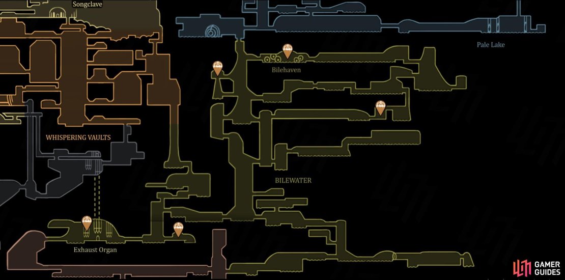 Here are all the Bilewater Benches we have found in Hollow Knight Silksong. Image via Gamer Guides.
