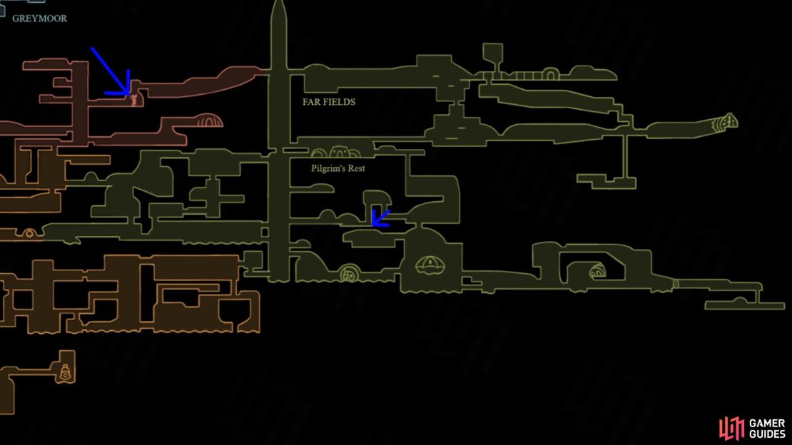 Here’s the two areas you need to head to access the two major Far Field Secret Areas in Hollow Knight Silksong. Image via Gamer Guides.