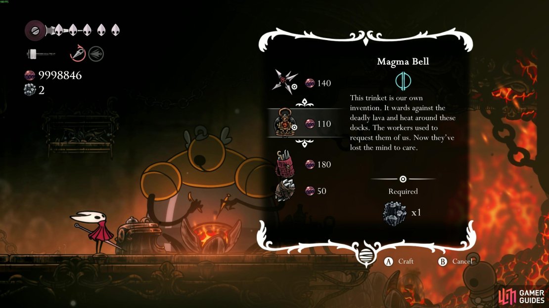 The Magma Bell is very much needed to buy from the Forge Daughter to progress through the Deep Docks. Image via Gamer Guides / Team Cherry.