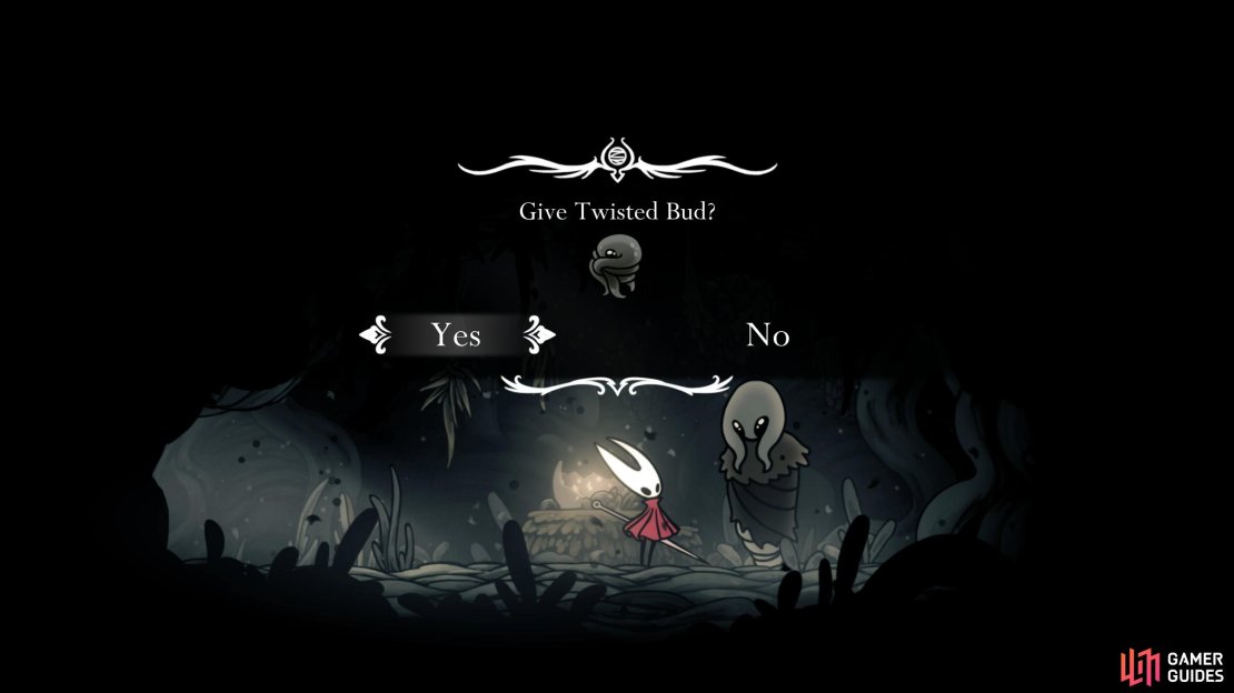 Giving the Twisted Bud to our Grey friend here will set you to being cursed. You will need to complete the final main story boss in this state or finish the Wish to remove it. Image via Gamer Guides / Team Cherry.