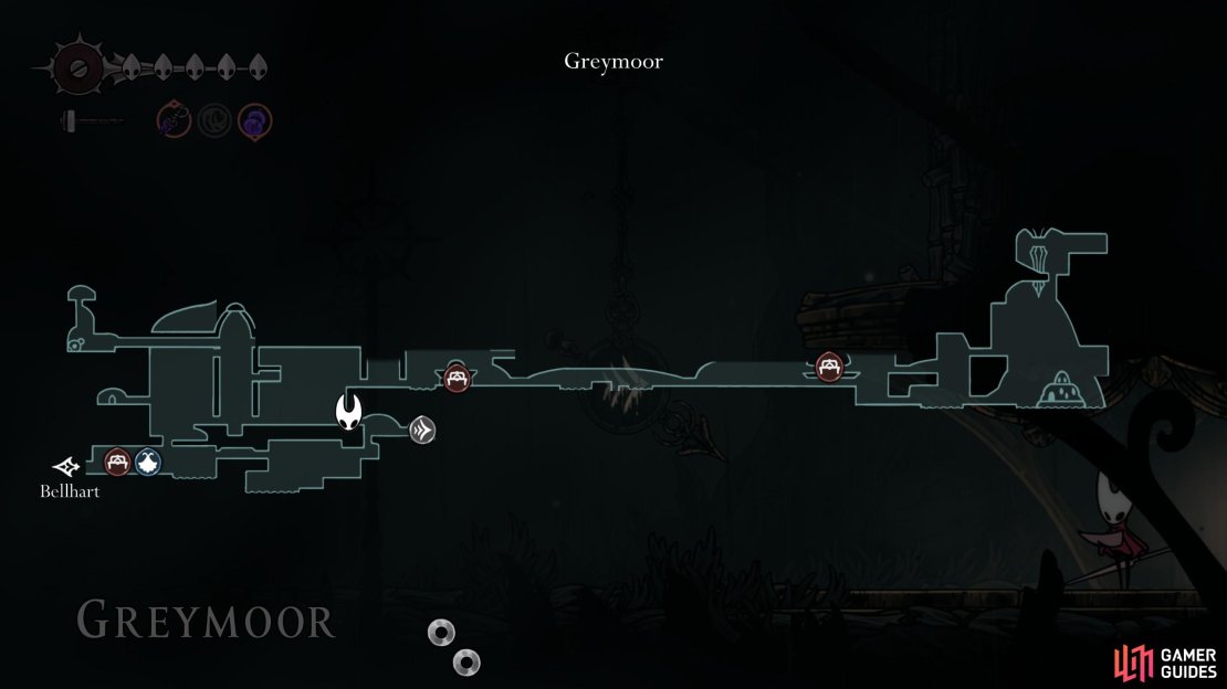 Here are all the Greymoor Benches we are aware of in Hollow Knight Silksong. Image via Gamer Guides / Team Cherry.