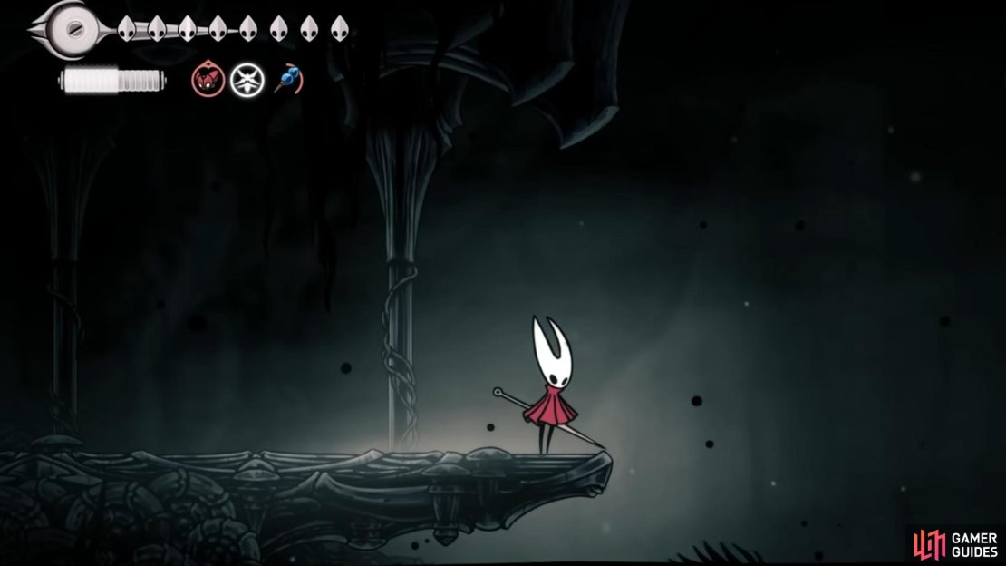 The True Ending takes place in an area in the Abyss, accessible via the Deep Docks bell elevator. Image via Gamer Guides / Team Cherry.