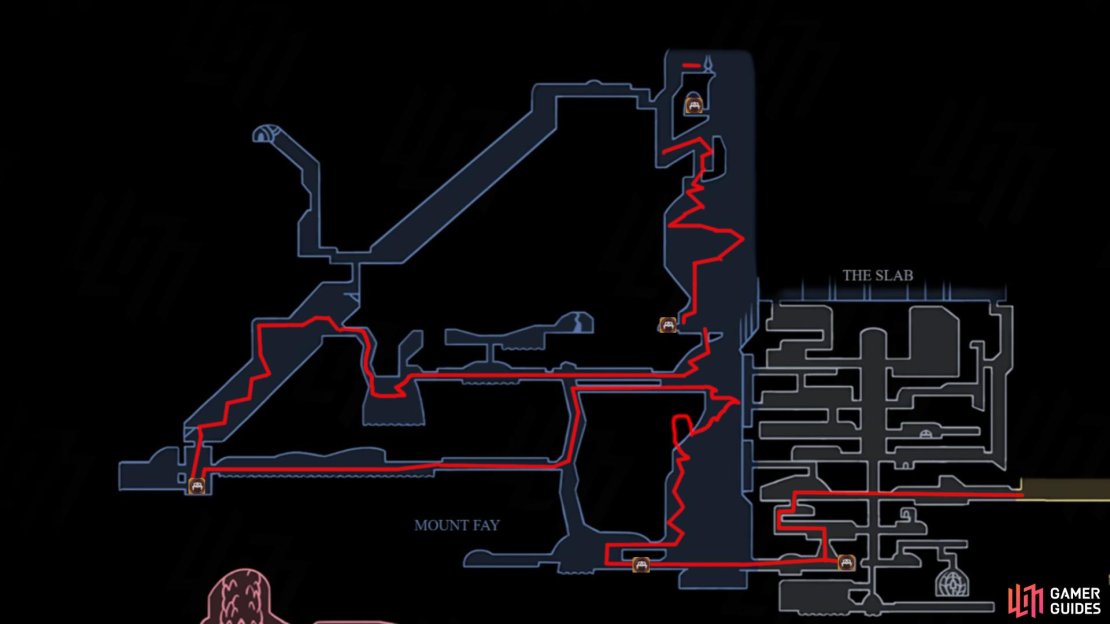This is the roughly sketched route you need to take to progress through Mount Fay and get the Faydown Cloak and unlock double jump in Hollow Knight Silksong. Image via Gamer Guides.