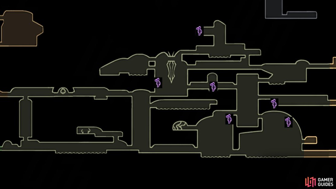 A map of all six Pollip Heart locations to complete the Rite of the Pollip Wish in Hollow Knight Silksong. Image via Gamer Guides / Team Cherry.