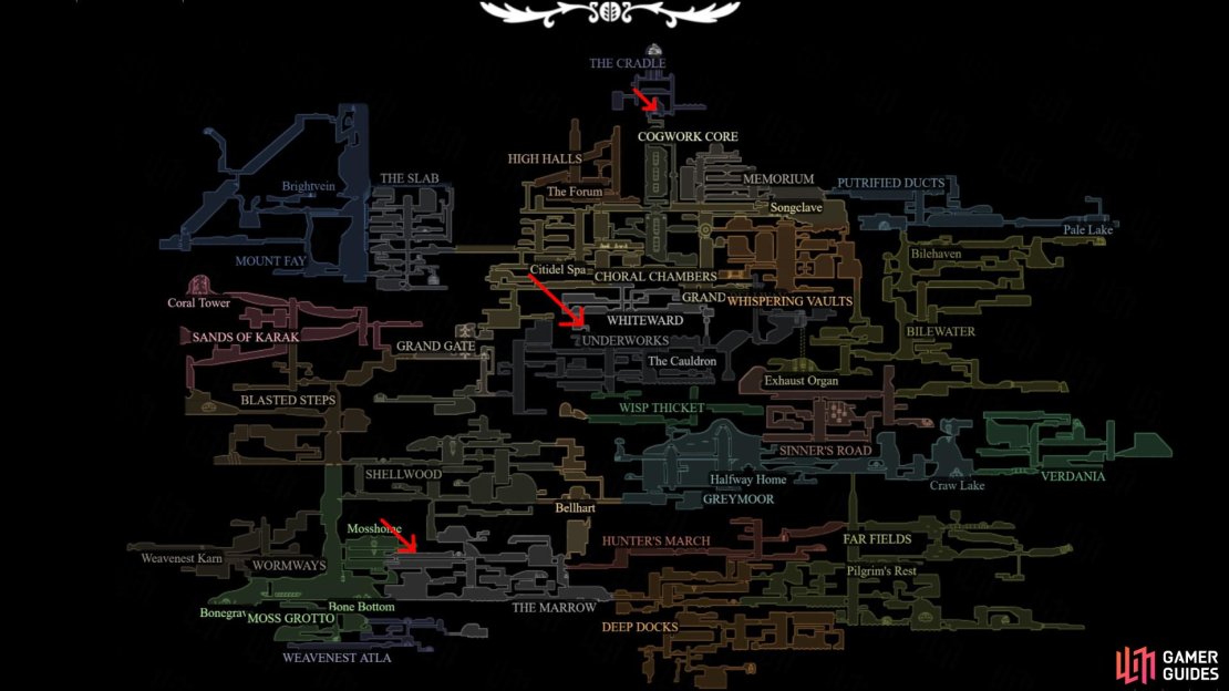 Here are the three Silk Heart locations on a world map in Hollow Knight Silksong. Image via Gamer Guides / Team Cherry.