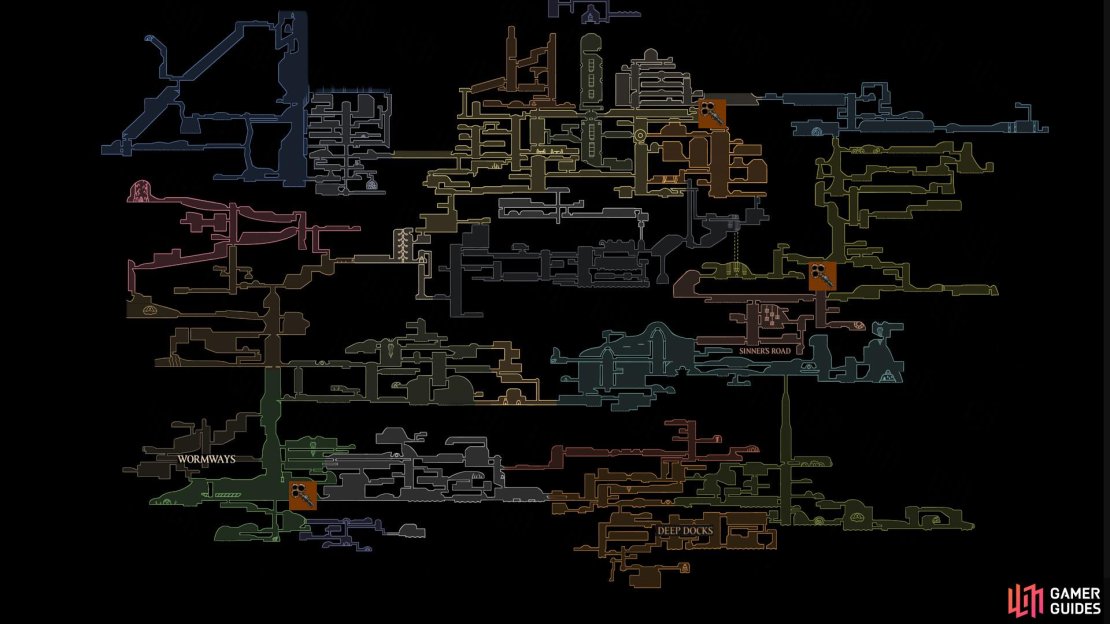 A map to show the locations of the Simple Key Locations and doors we know of so far. The door locations are roughly where the location text is on the map. Image via Gamer Guides / Team Cherry.
